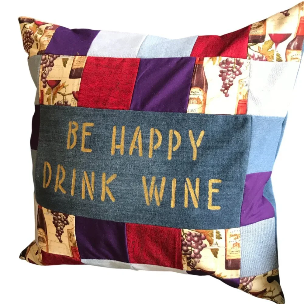Wine Pillow Cover, 18 x 18, Handmade Vino Home Decor Patchwork Recycled Fabric